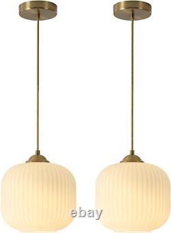 Lighting Mid Century Modern Gold White Pendant Light with Milk Glass. Brass Anti