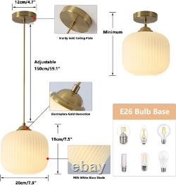 Lighting Mid Century Modern Gold White Pendant Light with Milk Glass. Brass Anti