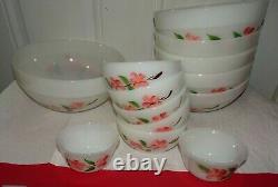 Lot (14) Vintage White Fire King Peach Blossom Nesting Bowl Set #15, 16, 18, 30