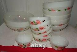 Lot 14pc. Vintage White Fire King Peach Blossom Nesting Bowl Set #15, 16, 18, 30