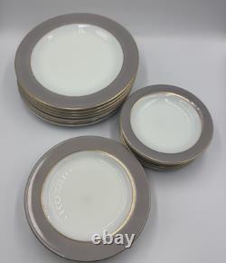 Lot 19 Pyrex White Milk Glass Dove Gray Rim Gold Trim Dinner Salad Side Plates
