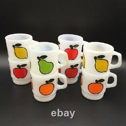 Lot / 8 Fire King Fruit Mugs Stacking Apple Pear Orange Lemon Milk Glass Vintage