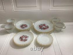 Lot Of 20 Vintage Thermocrista Milk Glass Floral Design Dinner Set For 4