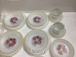 Lot Of 20 Vintage Thermocrista Milk Glass Floral Design Dinner Set For 4