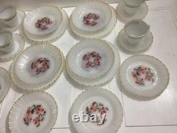 Lot Of 20 Vintage Thermocrista Milk Glass Floral Design Dinner Set For 4