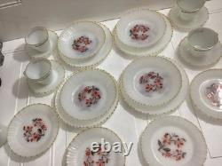 Lot Of 20 Vintage Thermocrista Milk Glass Floral Design Dinner Set For 4