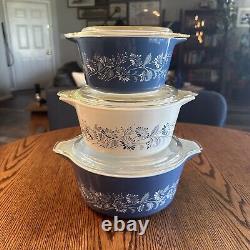 Lot Of 3 Vintage Pyrex Colonial Mist Blue Daisy 473-B, 474-B, 475-B With Lid