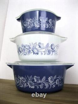 Lot Of 3 Vintage Pyrex Colonial Mist Blue Daisy 473-B, 474-B, 475-B With Lid