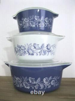 Lot Of 3 Vintage Pyrex Colonial Mist Blue Daisy 473-B, 474-B, 475-B With Lid