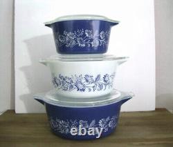 Lot Of 3 Vintage Pyrex Colonial Mist Blue Daisy 473-B, 474-B, 475-B With Lid