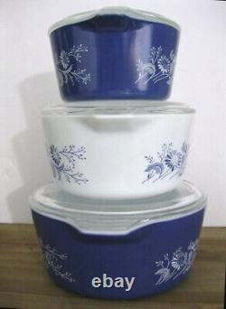 Lot Of 3 Vintage Pyrex Colonial Mist Blue Daisy 473-B, 474-B, 475-B With Lid