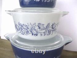 Lot Of 3 Vintage Pyrex Colonial Mist Blue Daisy 473-B, 474-B, 475-B With Lid