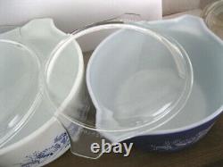 Lot Of 3 Vintage Pyrex Colonial Mist Blue Daisy 473-B, 474-B, 475-B With Lid