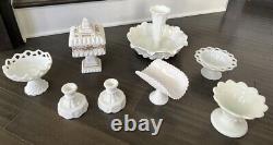 Lot of 10 Pieces Anchor Hocking Milk Glass Vase with Platter Candy Dish withLid Etc