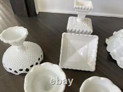 Lot of 10 Pieces Anchor Hocking Milk Glass Vase with Platter Candy Dish withLid Etc