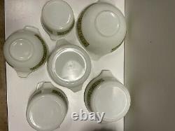 Lot of 10 Vintage PYREX Green Flowers Nesting Bowls 4 Lids White # In Discript