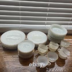 Lot of 56 Fire King White Milk Glass Swirl Gold Rim Plate Bowl Cup Saucer