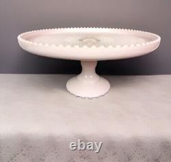 Lovely Blush Pink Milk Glass Cake Plate Stand. Beaded Rim! Beautiful! Wedding