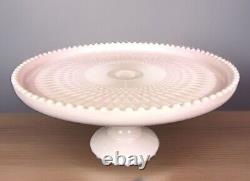 Lovely Blush Pink Milk Glass Cake Plate Stand. Beaded Rim! Beautiful! Wedding