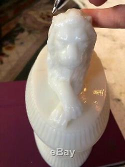 MAJESTIC LION MILK GLASS COVERED DISH RARE! Tree And Bird Base Antique