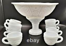 MC KEE CONCORD PATTERN WHITE MILK DEPRESSION GLASS PUNCH BOWL 1940s With 9 CUPS