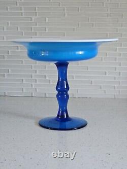 MCM Italian Empoli Handlown Blue Glass Pedestal Inner Milk Glass Bowl Compote