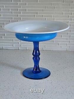 MCM Italian Empoli Handlown Blue Glass Pedestal Inner Milk Glass Bowl Compote