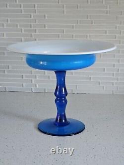 MCM Italian Empoli Handlown Blue Glass Pedestal Inner Milk Glass Bowl Compote