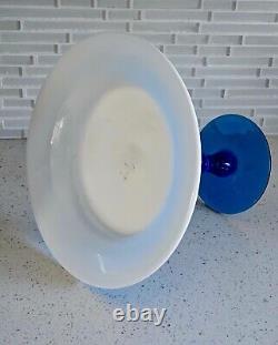 MCM Italian Empoli Handlown Blue Glass Pedestal Inner Milk Glass Bowl Compote