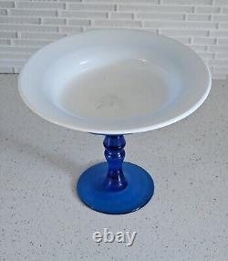 MCM Italian Empoli Handlown Blue Glass Pedestal Inner Milk Glass Bowl Compote