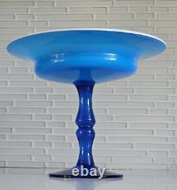 MCM Italian Empoli Handlown Blue Glass Pedestal Inner Milk Glass Bowl Compote