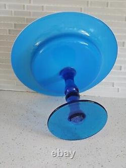 MCM Italian Empoli Handlown Blue Glass Pedestal Inner Milk Glass Bowl Compote