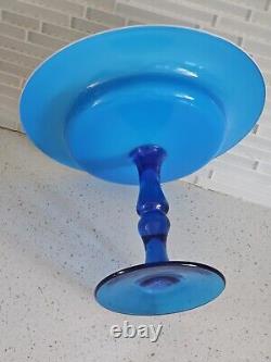 MCM Italian Empoli Handlown Blue Glass Pedestal Inner Milk Glass Bowl Compote