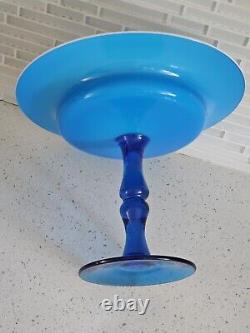 MCM Italian Empoli Handlown Blue Glass Pedestal Inner Milk Glass Bowl Compote