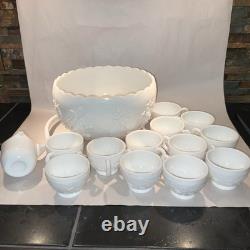 MCM Westmoreland White Milk Glass 14 Pc Punch Set Bowl Ladle 12 Mugs Fruit