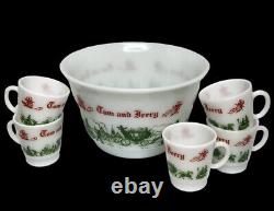 MID-CENTURY 1950s 6 Piece TOM&JERRY White GLASS PUNCH BOWL SET Christmas