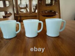 MINT 5 FIRE KING Oven Ware DELPHITE Turquoise Blue Milk Glass D Handle Mugs Cups