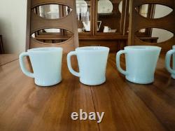 MINT 5 FIRE KING Oven Ware DELPHITE Turquoise Blue Milk Glass D Handle Mugs Cups
