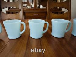 MINT 5 FIRE KING Oven Ware DELPHITE Turquoise Blue Milk Glass D Handle Mugs Cups