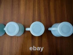 MINT 5 FIRE KING Oven Ware DELPHITE Turquoise Blue Milk Glass D Handle Mugs Cups