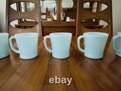 MINT 5 FIRE KING Oven Ware DELPHITE Turquoise Blue Milk Glass D Handle Mugs Cups