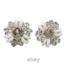 MIRIAM HASKELL White Milk Glass Clear Crystal Silver Tone Screwback Clip Earring