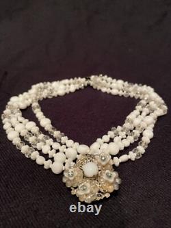 MIRIAM HASKELL White Milk Glass Clear Crystal necklace, bracelet, earrings