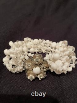 MIRIAM HASKELL White Milk Glass Clear Crystal necklace, bracelet, earrings