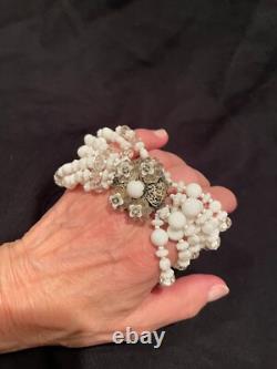 MIRIAM HASKELL White Milk Glass Clear Crystal necklace, bracelet, earrings