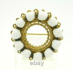 MIRIAM HASKELL White Milk Glass Wreath Gold Tone Brooch Pin Vintage