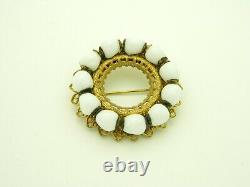 MIRIAM HASKELL White Milk Glass Wreath Gold Tone Brooch Pin Vintage