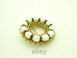 MIRIAM HASKELL White Milk Glass Wreath Gold Tone Brooch Pin Vintage