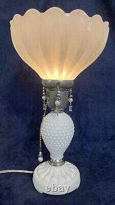 Maximalist Vintage Assemblage Art Boudoir Pull Chain Switch Milk Glass TableLamp