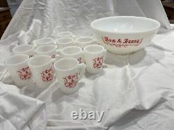 McK Tom & Jerry PUNCH BOWL SET White Milk Glass With Red Letters Vintage